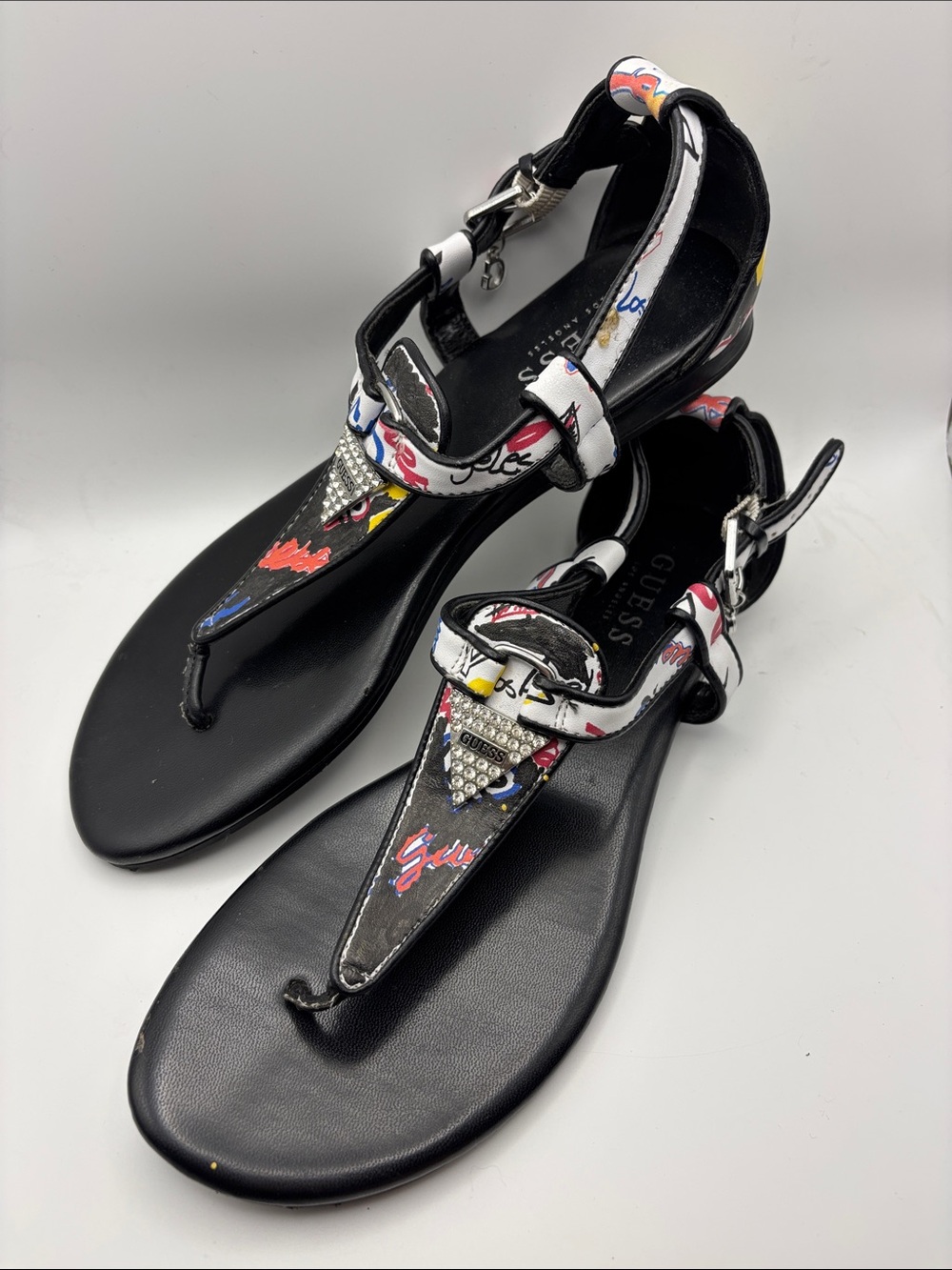 GUESS Black Sandals with Multicolor Graphic Accents and Rhinestones